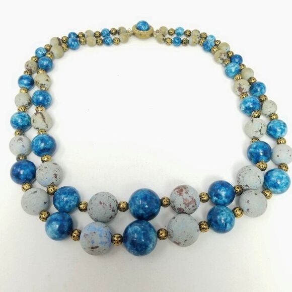 Vintage Jewelry - Vintage Blue Beaded Two Stand Necklace, Retro 60s Style, Colorful Estate